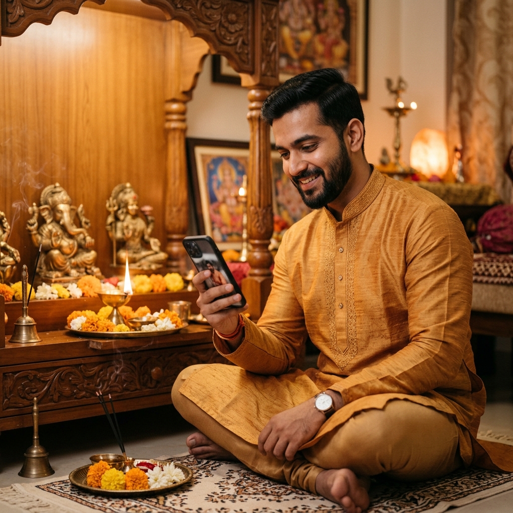 Young Indian devotee looking happily at smartphone screen inside serene sandlewood temple setting