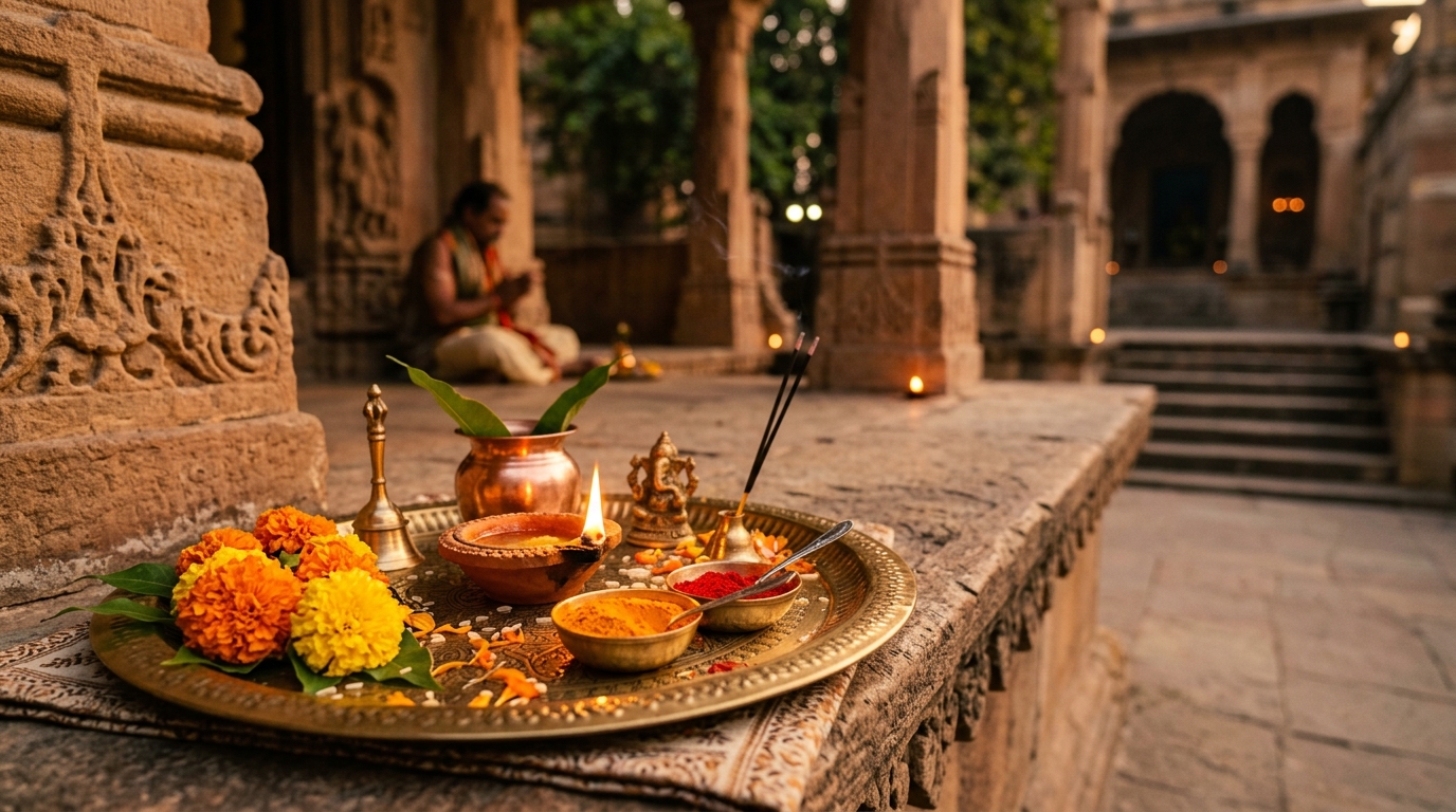 Sacred temple diyo and thali offerings with stone pillars background